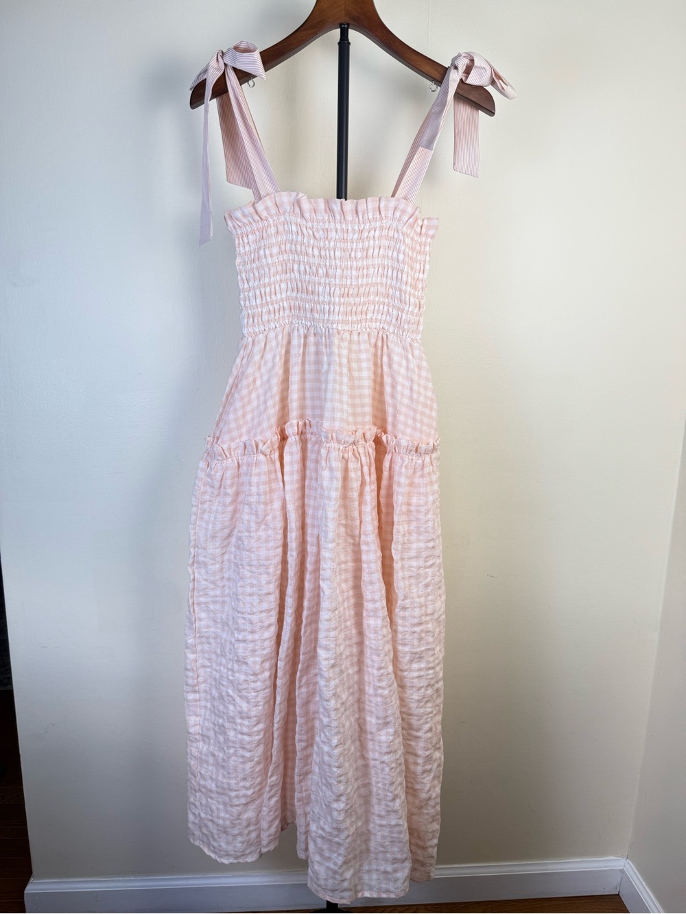 Mable Womens Midi Dress Small Blush Smocked Ruffle Seersucker Plaid Check Boho‎ - Picture 5 of 16